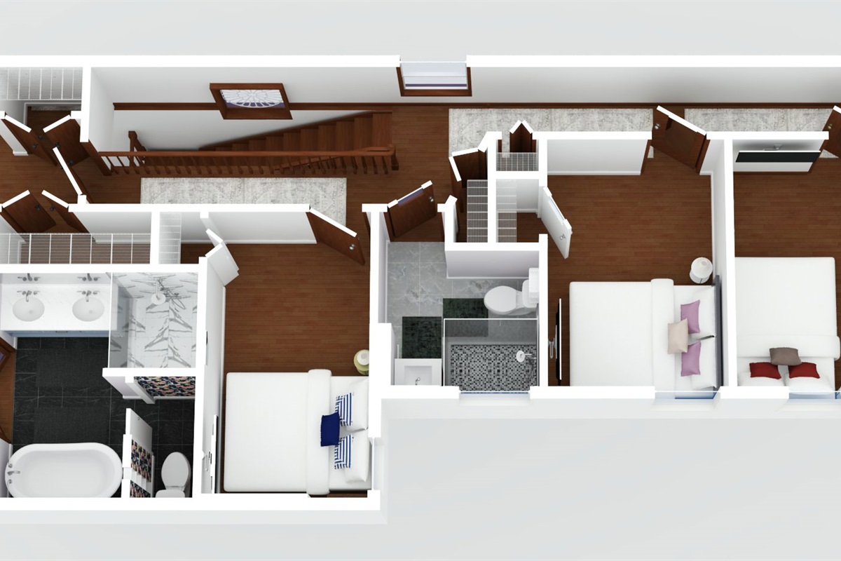 The second floor has 5 bedrooms and 3 full bathrooms, as well as the laundry area near the back door, which also accesses the rear deck and parking area