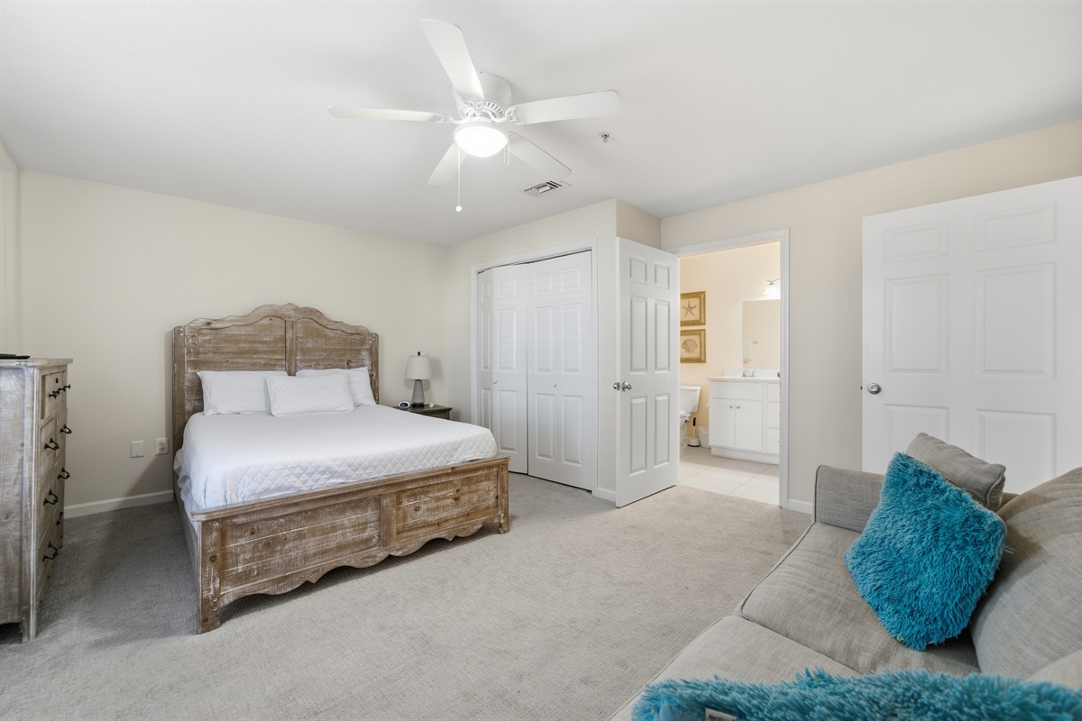 The Guest Bedroom has a queen-size mattress with both a large chest-of-drawers and closet trop hang your clothes. TV has been upgraded to a 50" Smart TV.