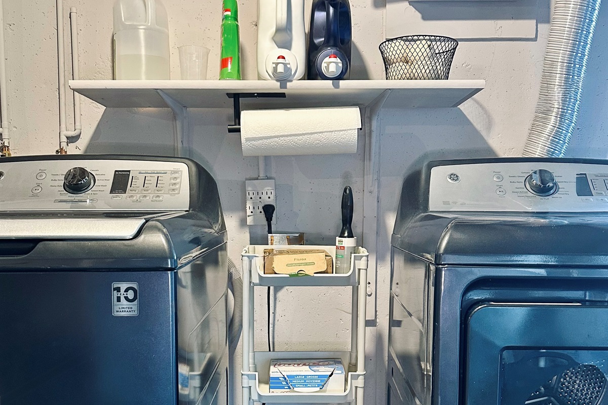 Fully equipped laundry area featuring a full-size washer and dryer, stocked with liquid detergent, detergent sheets, fabric softener, dryer balls, dryer sheets, stain remover, bleach, laundry bags, and a lint roller.