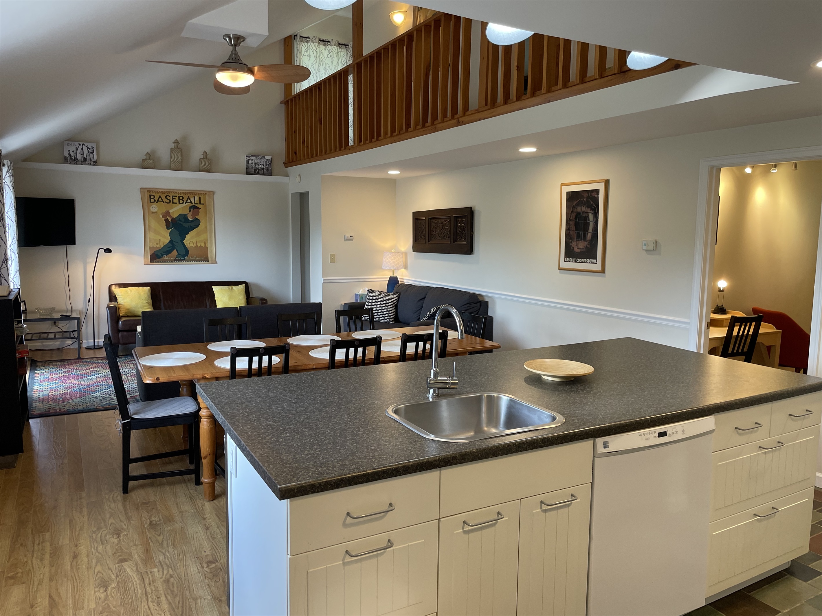Open floor plan kitchen, dining, living