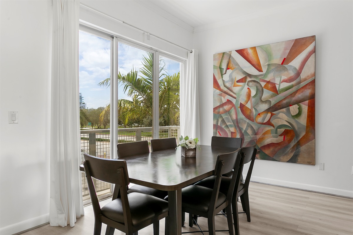 Large dining table with comfortable seating for six