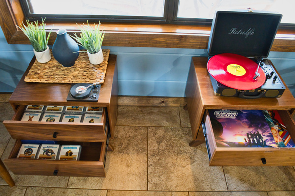Record player, vinyl, and animal-shaped wooden puzzles are available for relaxing time indoors. Feel free to take your puzzle home.