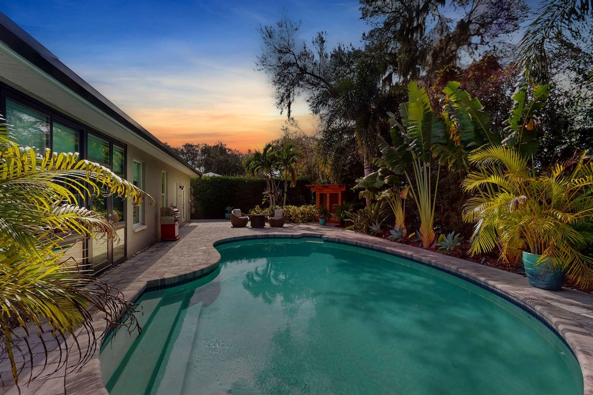 Sunset-lit pool perfect for unwinding year-round