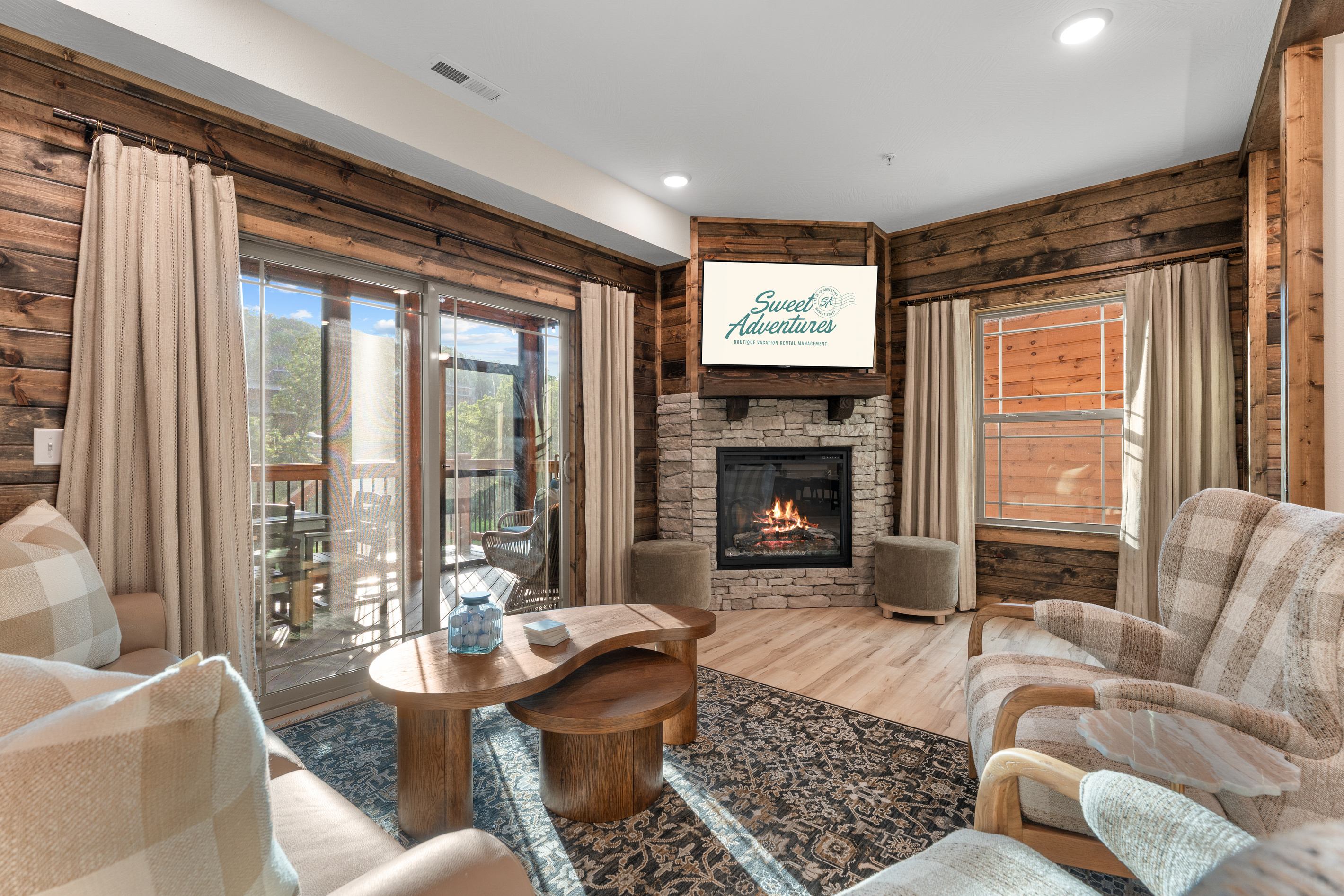 Cozy up to the stone electric fireplace with a movie on the smart TV after a day of adventure.