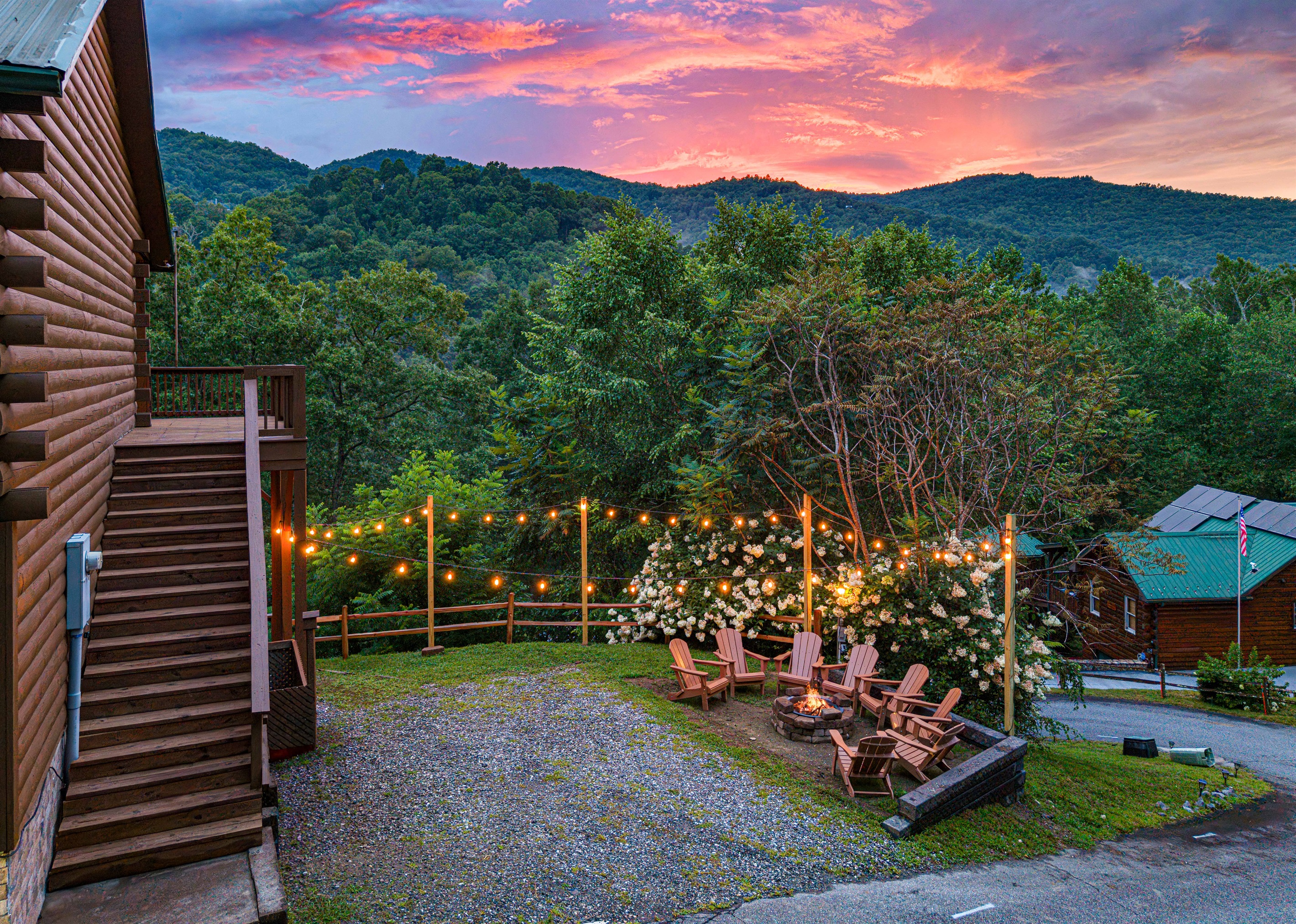 Outdoor Oasis: Gather around the fire pit under twinkling lights with stunning mountain views!
