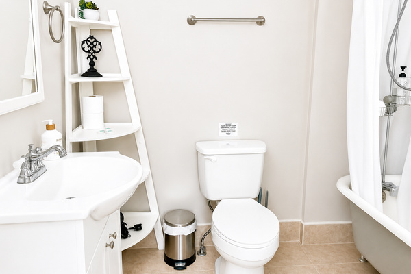 This en suite bathroom has everything you need to start your day refreshed and end it comfortably, including a historic soaking tub.