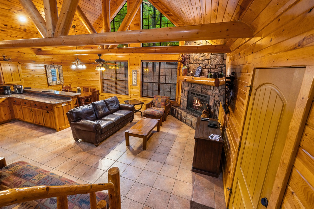 Open living room with vaulted ceilings and warm vibes.