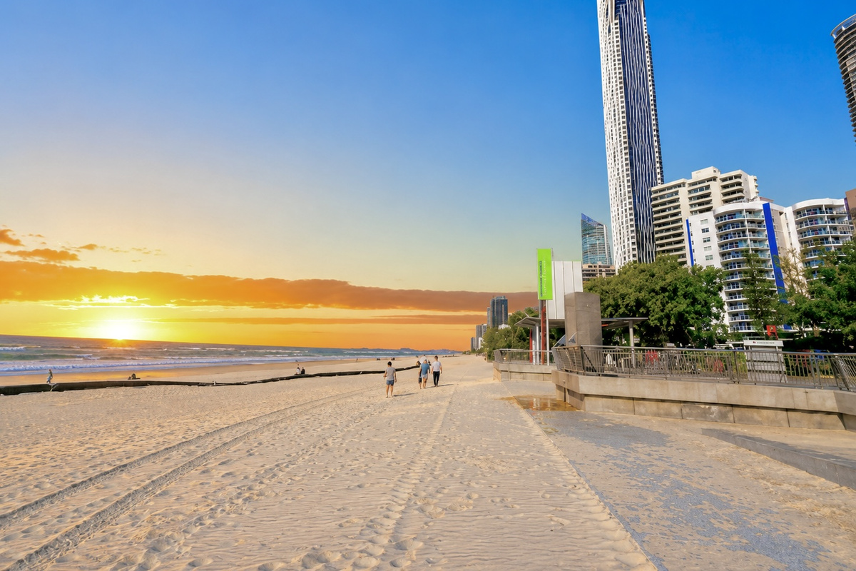 Golden-hour light across Surfers Paradise Beach creates a memorable coastal scene near Robin’s Oceanview Penthouse, framed by sand, surf and city towers.