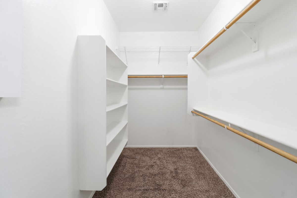 Walk-in closet with open shelves, hanging space, and room to unpack.
