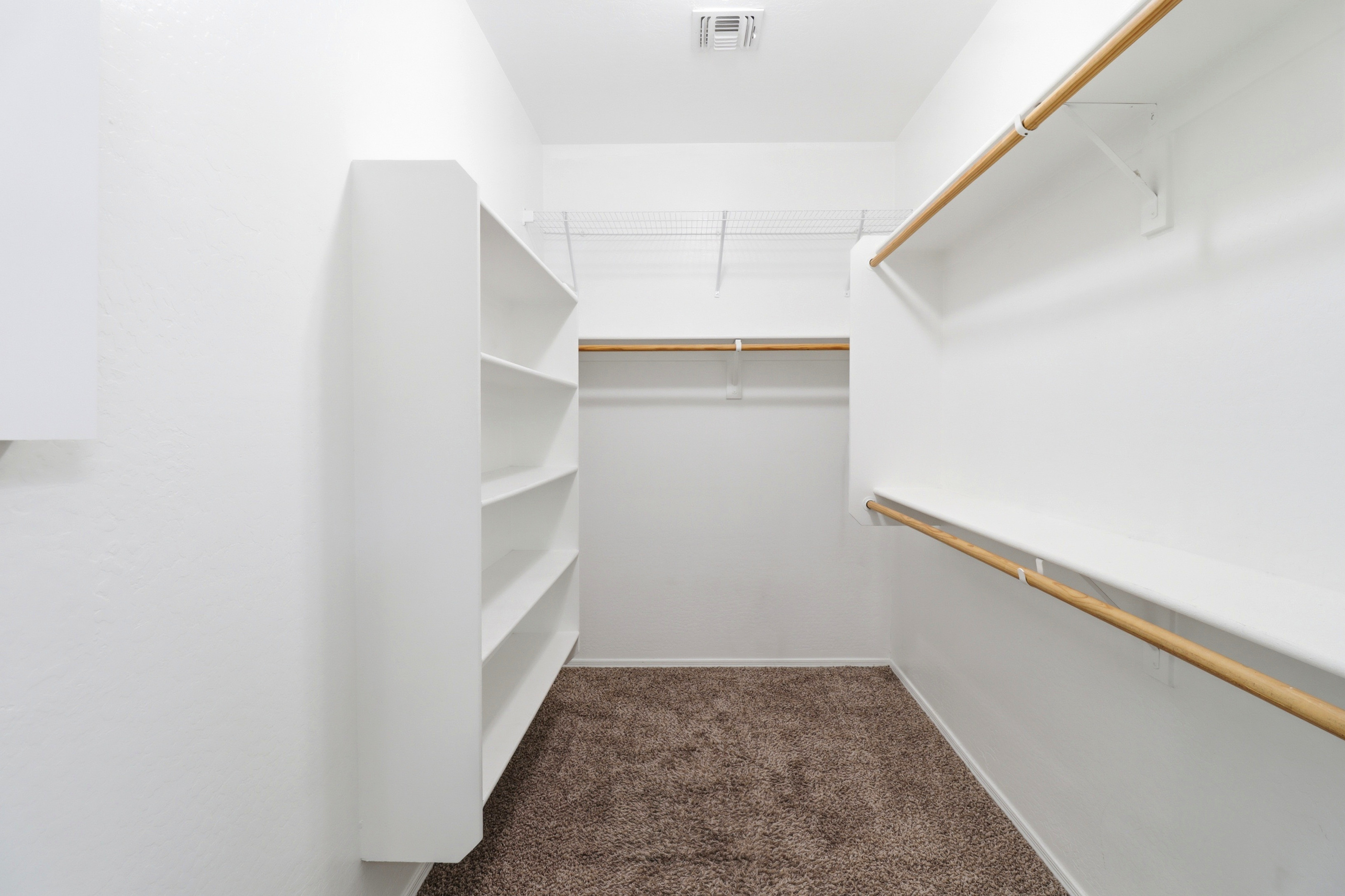 Walk-in closet with open shelves, hanging space, and room to unpack.
