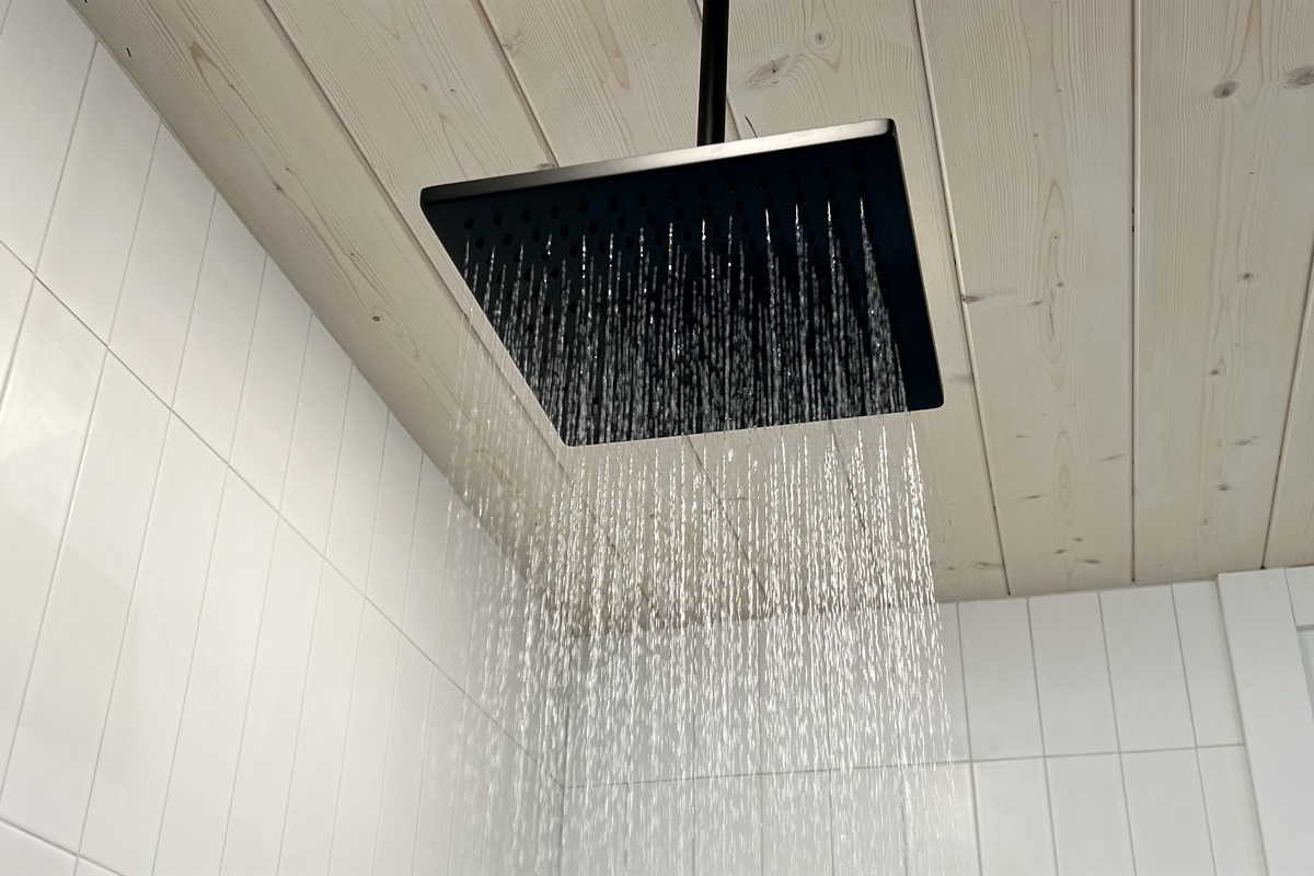 Mimicking gently falling raindrops, energize and rejuvenate under the large rain showerhead.