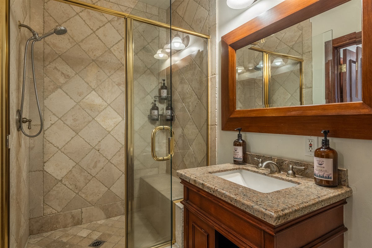 A hall bath, off the living space, includes a walk-in shower and modern finishes.