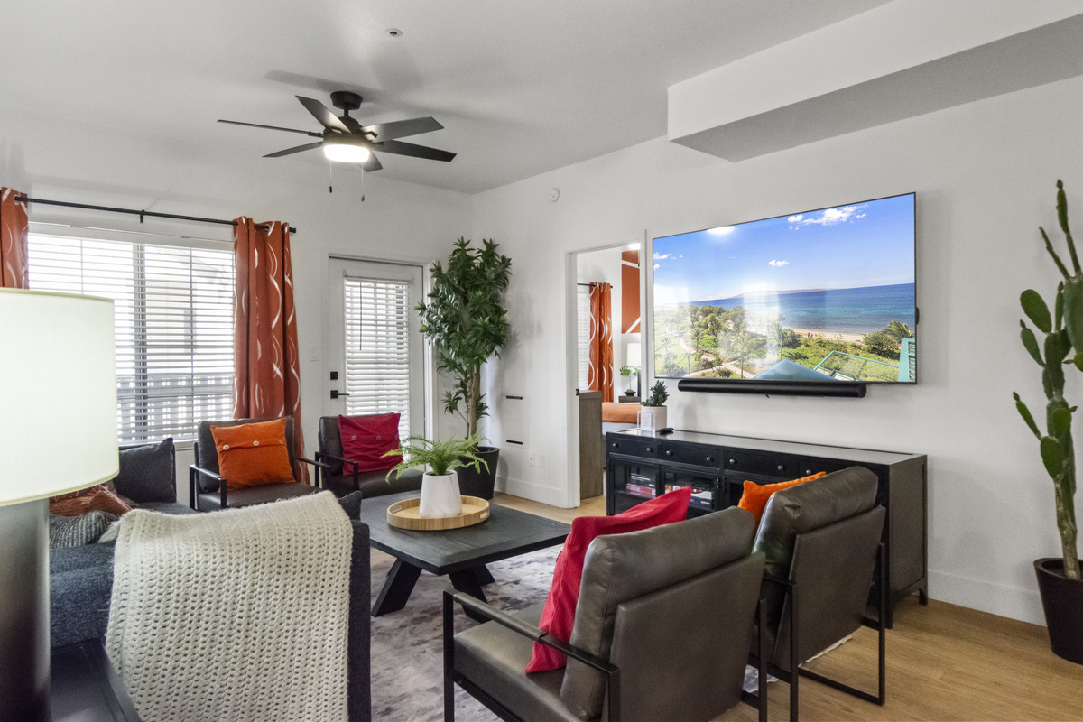Unwind with a comfy sofa, Roku TV, and high-speed Wi-Fi.