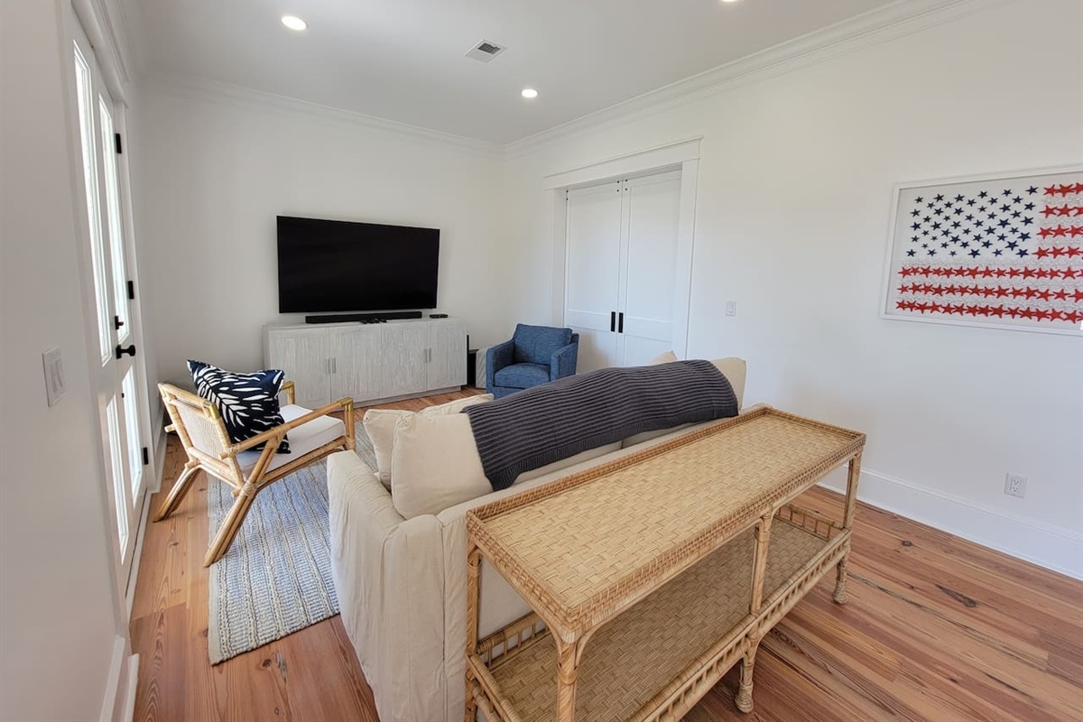 Den with large TV and sofa sleeper. 