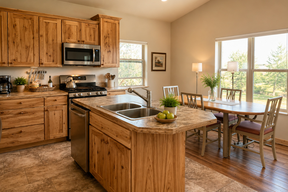 The fully stocked ktichen, complete with stainless steel appliances, has tall ceilings and full views of the Montana landscape outside. Cook at home and enjoy a meal with your loved ones in the eat-in ktichen.
