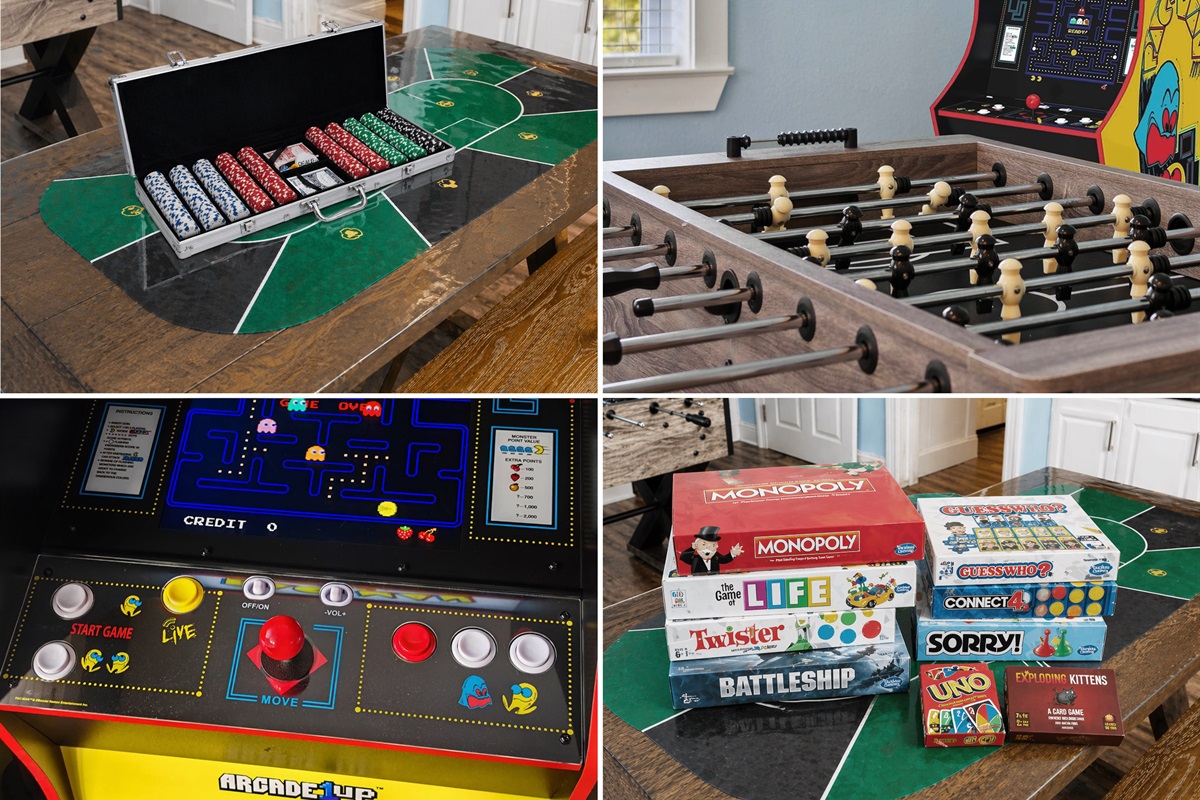 Game room: poker, foosball, arcade, popcorn machine, board games