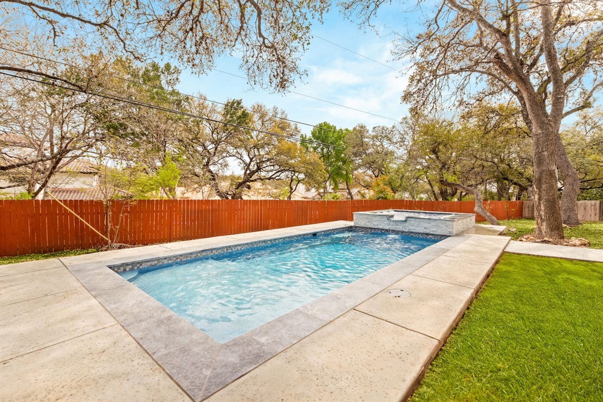 Heated pool and hot tub are ready! We’ve had quite a Texas drought lately so unfortunately the grass has died, but we’re working on solutions!