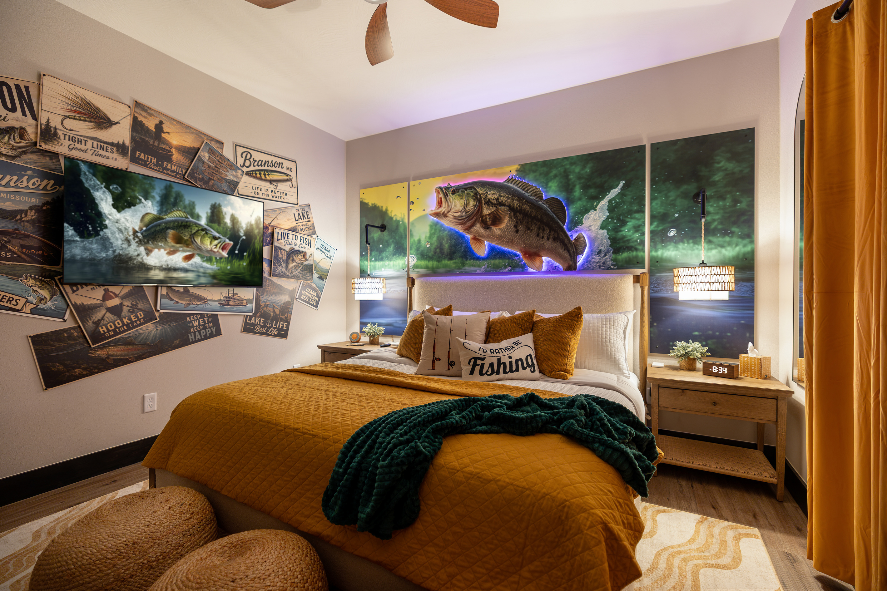 The full fishing scene, from bass mural to woven poufs.