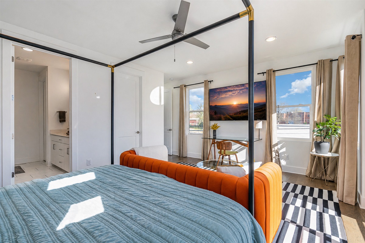 Retreat to the spacious primary suite, thoughtfully designed for comfort and relaxation. Blackout curtains ensure a restful night&rsquo;s sleep, while a 65&rdquo; TV invites you to unwind in bed. A private ensuite bathroom and  walk-in closet complete the experience.