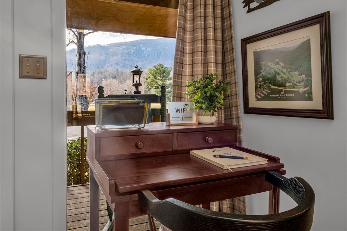 Foyer desk with view of Bald Mountain