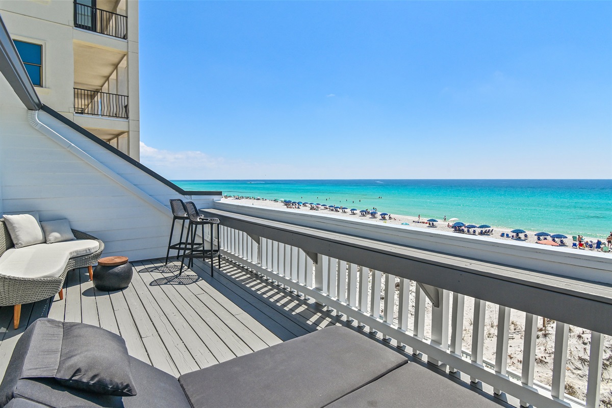 3rd Floor - Bedroom 1: Master Balcony with comfortable lounge furniture overlooking the Beach and Gulf