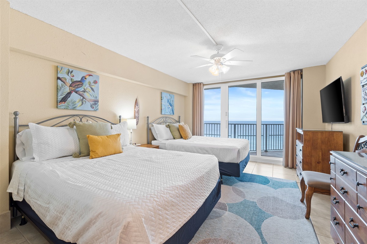 Bedroom 2 with 2 Queen Beds, Balcony Access, and Beach Views