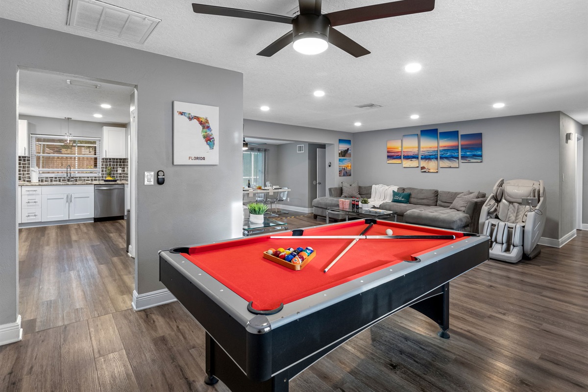 Perfect for guests of all ages, the dual-purpose table offers both billiards and ping pong, keeping everyone entertained rain or shine.
