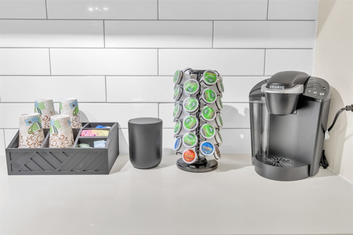 Start your morning right: coffee, tea, and all the essentials are fully stocked and ready.