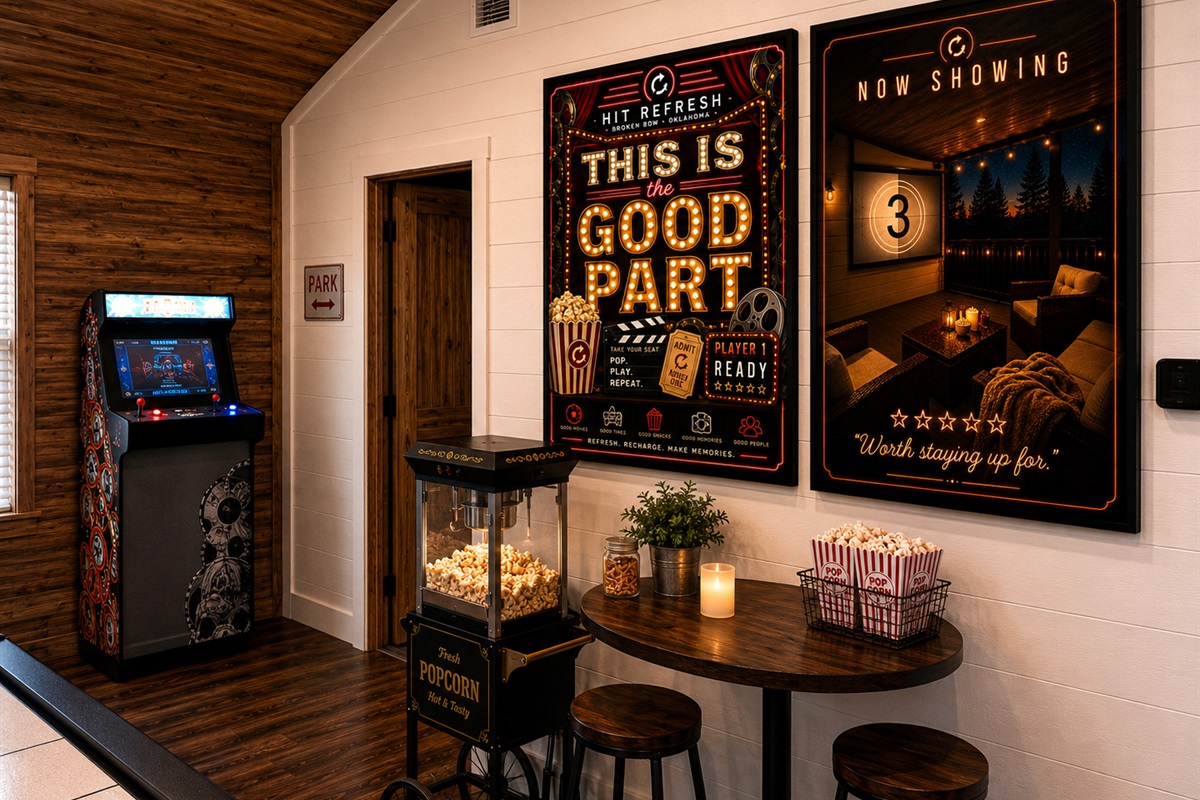 The smell of fresh popcorn drifting through the loft & arcade rematches. Then cozy movie nights outside to the Sky Deck Cinema, wrap up in a blanket, & watch movies beneath stars surrounded by towering pines!