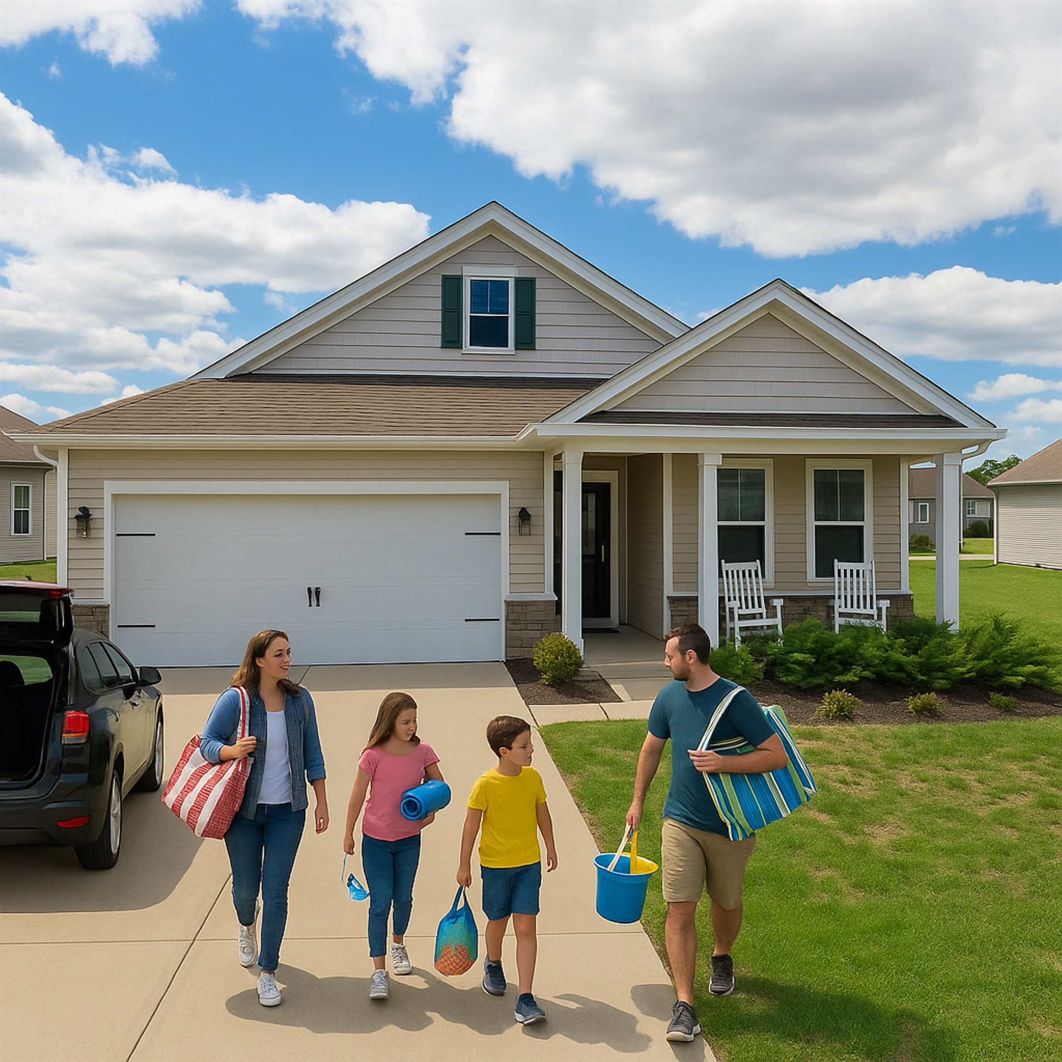 A family of four, luggage and beach essentials in hand, strolls from their SUV toward the clubhouse shuttle—ready for a hassle-free ride to sand, surf, and seaside fun.