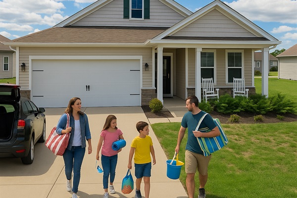 A family of four, luggage and beach essentials in hand, strolls from their SUV toward the clubhouse shuttle—ready for a hassle-free ride to sand, surf, and seaside fun.