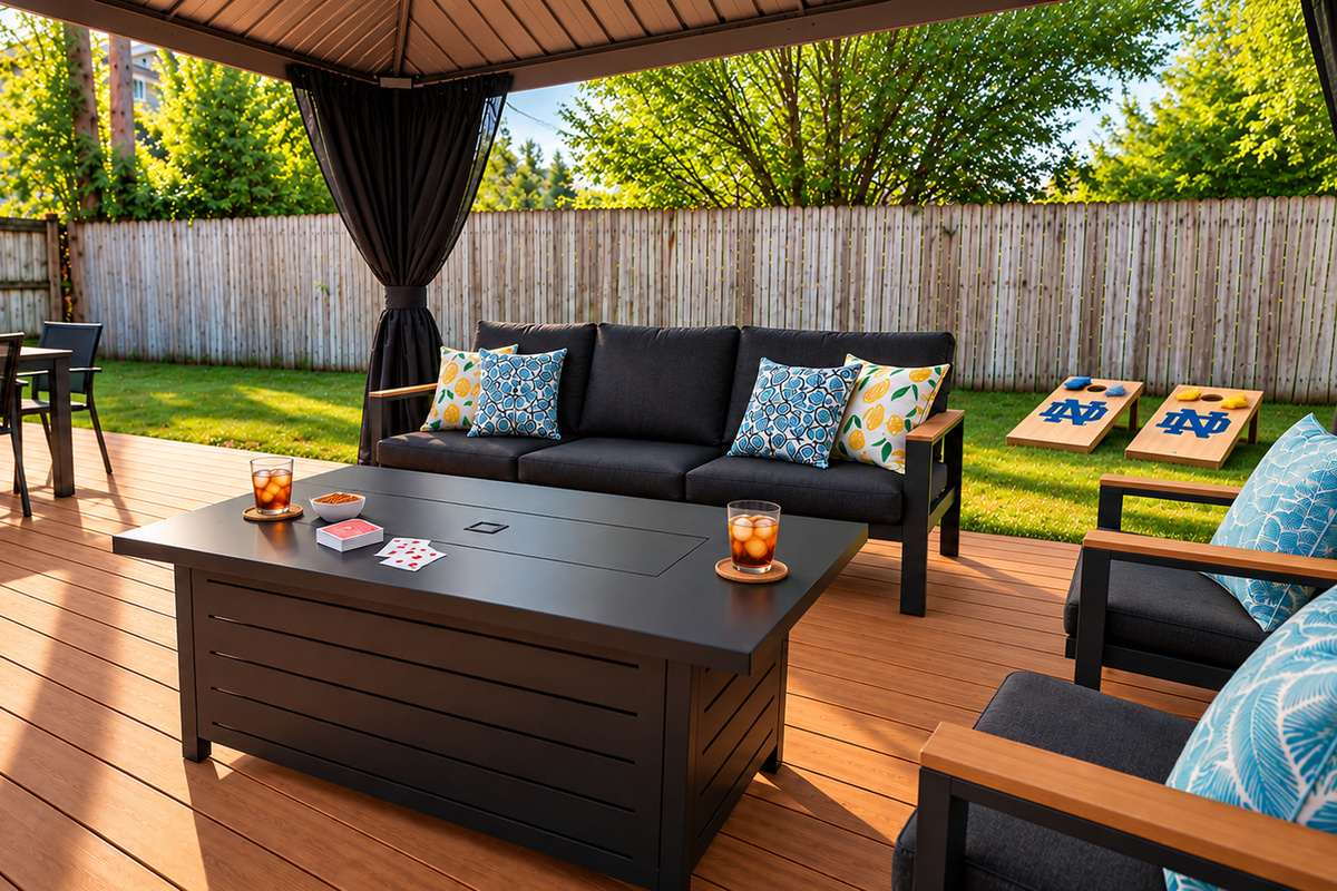 Game day starts here! Enjoy covered outdoor seating, drinks, cards, and Notre Dame cornhole in your private fenced backyard.