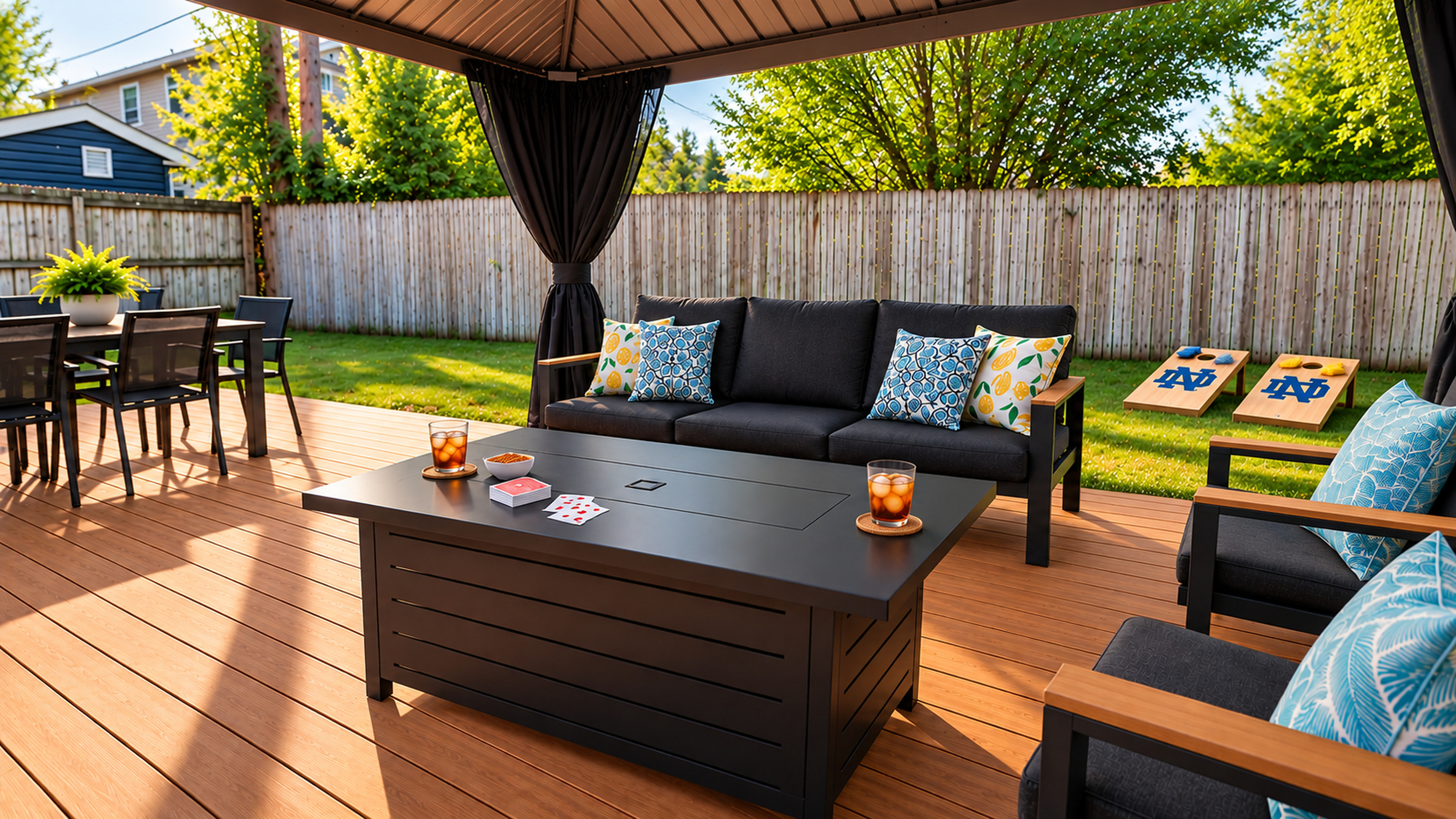 Game day starts here! Enjoy covered outdoor seating, drinks, cards, and Notre Dame cornhole in your private fenced backyard.