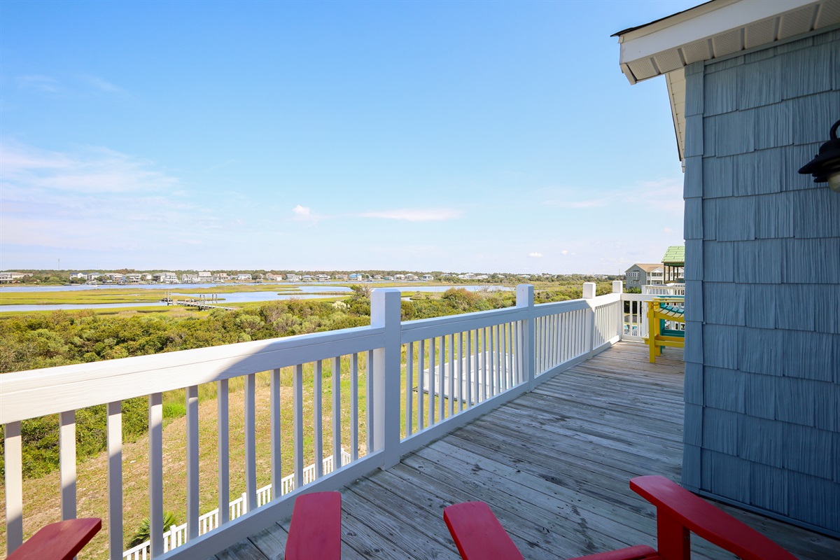Scenic deck with water views and lush greenery