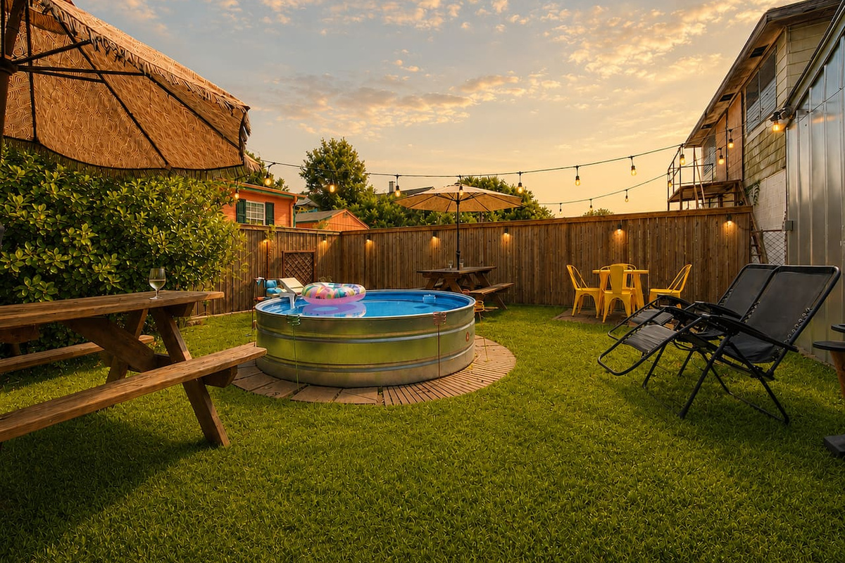 Your oasis between the chaos. Dip in the 8-foot cowboy pool, then gather around the picnic table or sunny yellow metal table. Seating for the whole group — perfect for morning coffee, happy hour, or plotting the night's next move.  