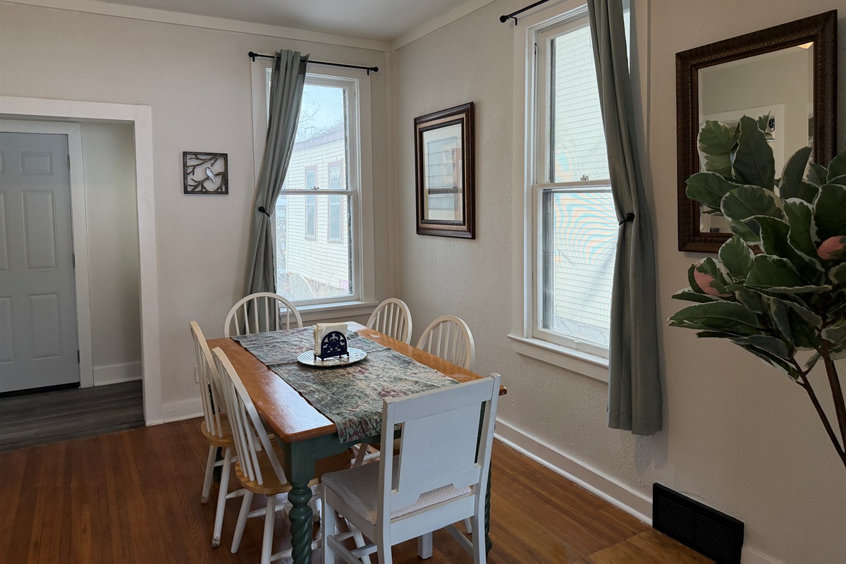 There's seating for six in the dining room, plus two extra in the kitchen at the bistro table.