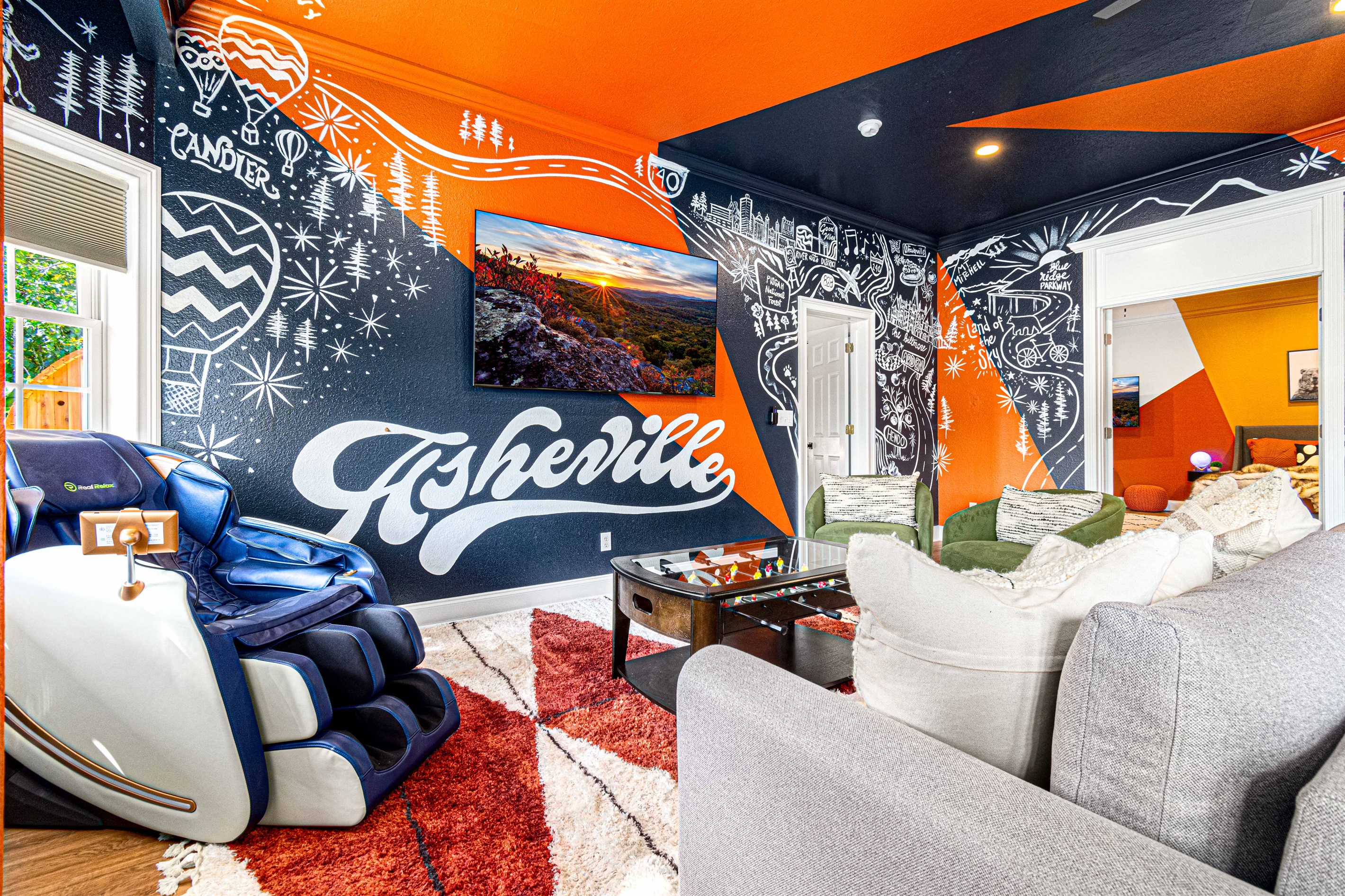 Dive into fun in our spacious rec room, where creativity meets comfort! 🎉✨ Featuring hand-painted doodle art, a massage chair, a large TV, and a poker table, it’s the perfect hangout. Kids will love their own den, and you can unwind in the reading nook.