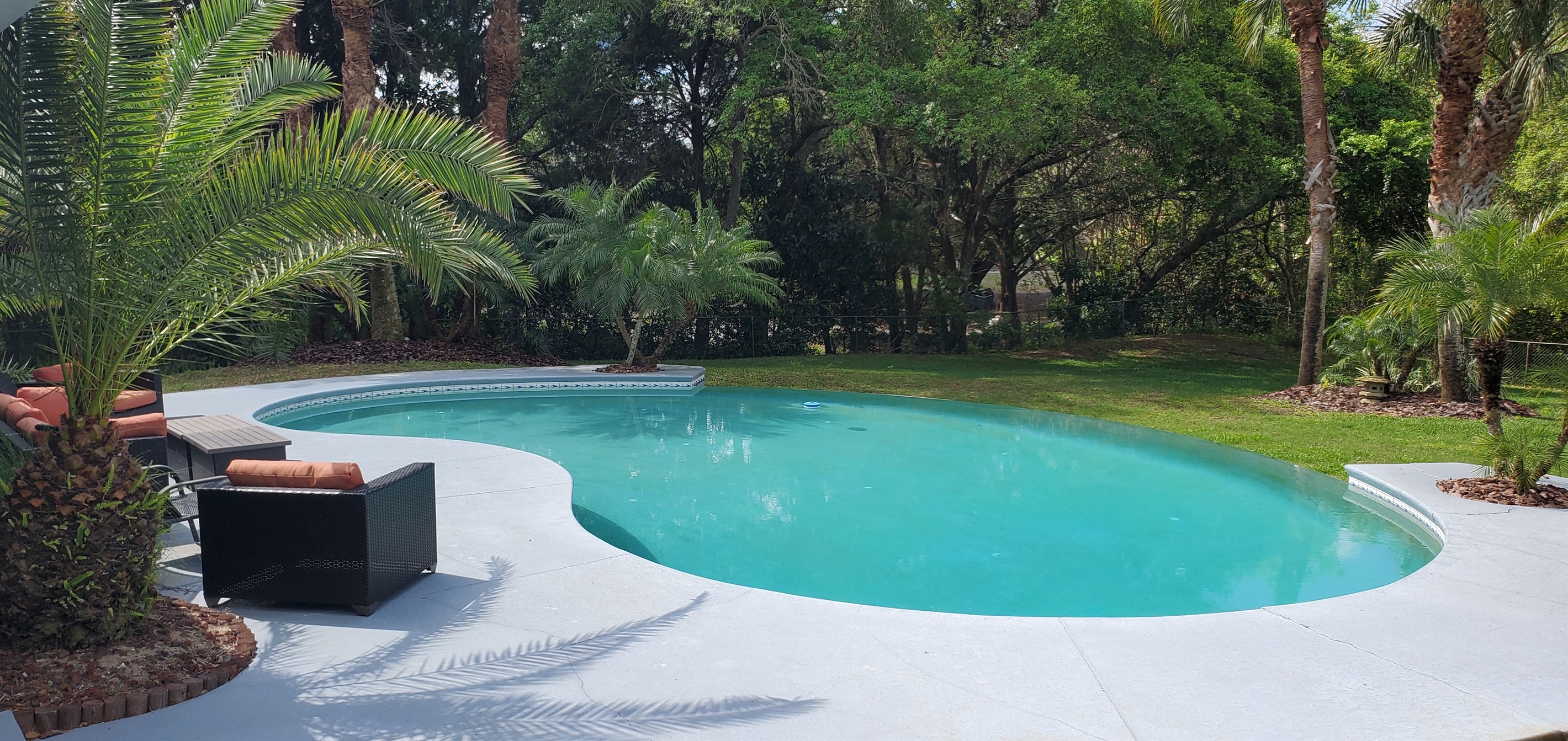 Infinity edge pool and fenced in backyard