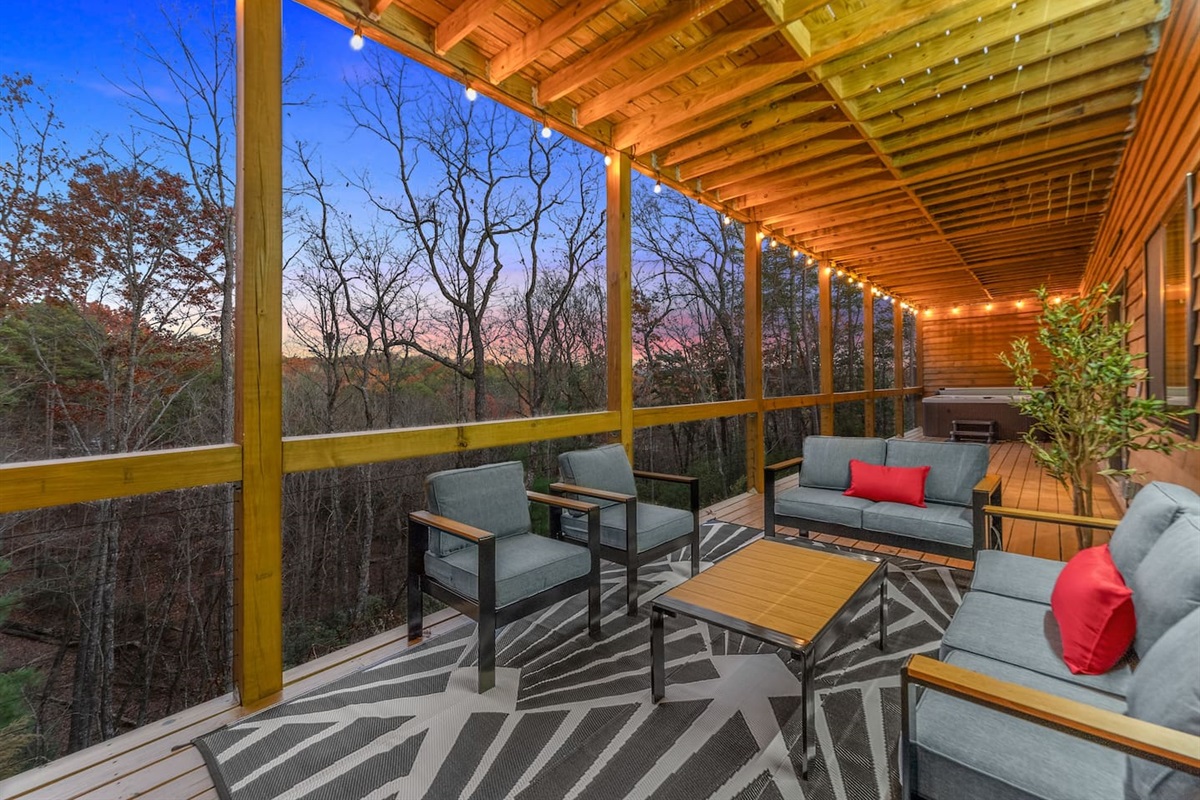 Twilight view of the outdoor propane fire pit