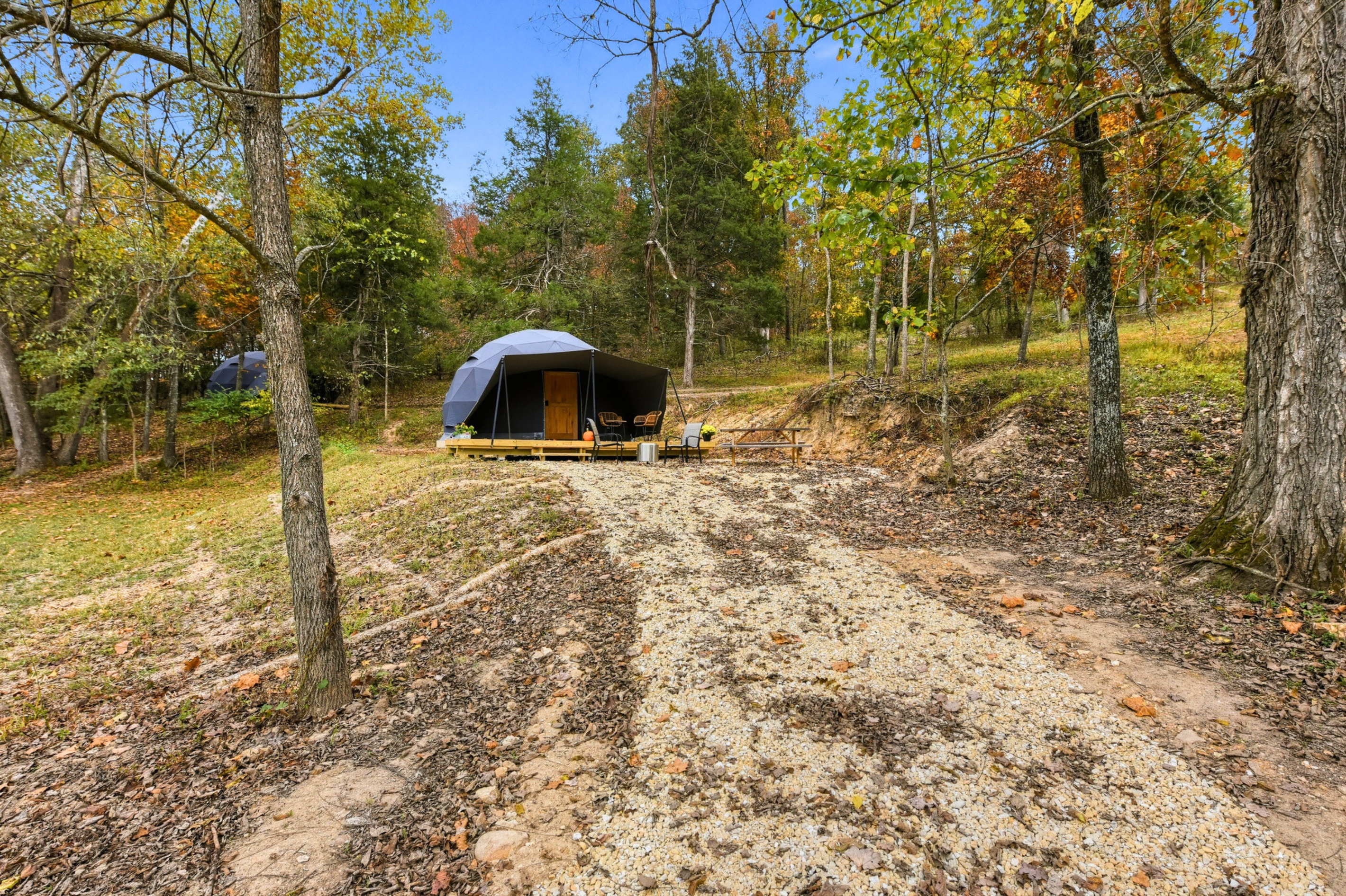 Follow the road to your woodland dome retreat at Hickory Point in Missouri’s Ozarks.