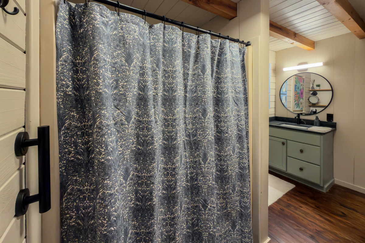 Shower curtain and vanity.