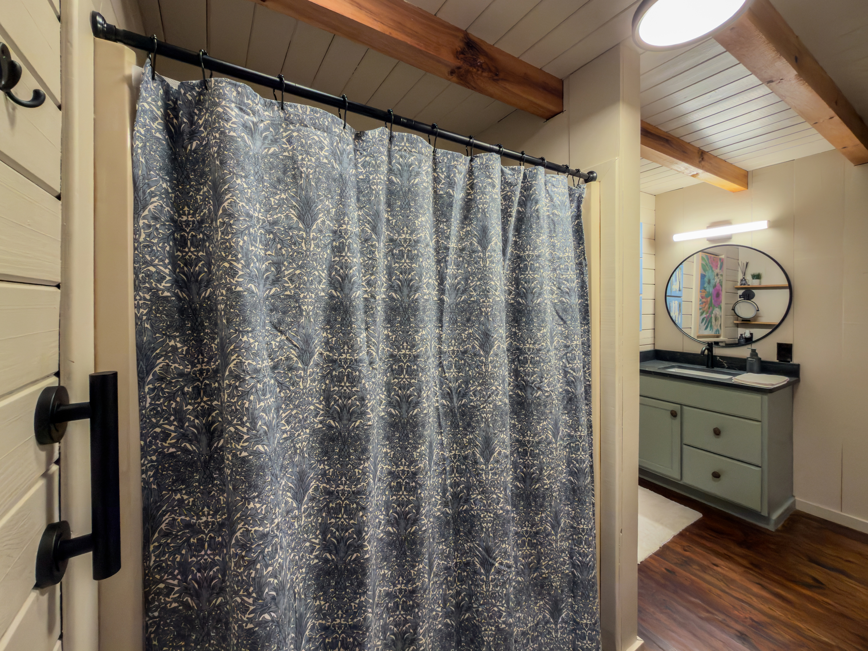 Shower curtain and vanity.