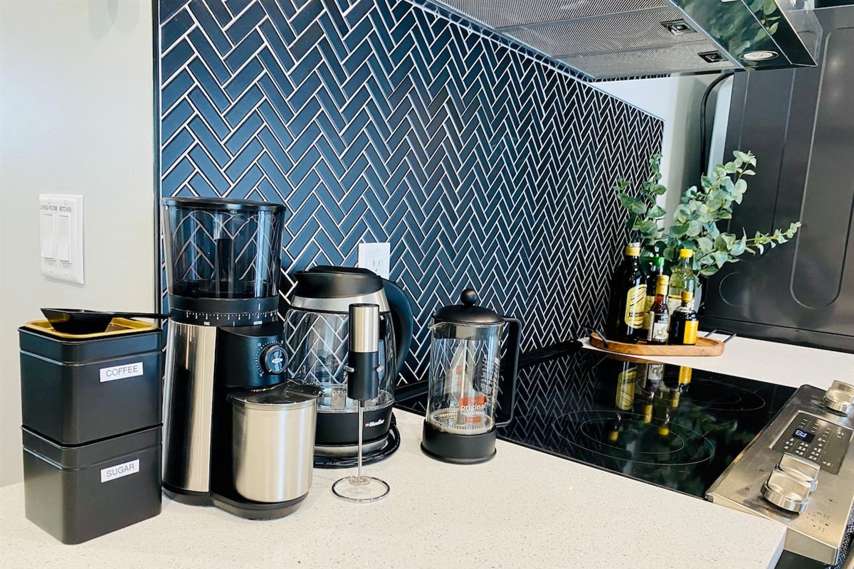 We take our coffee seriously — fresh beans, a burr grinder, and a French press await your morning ritual. Bold, rich, full-bodied flavor for crisp mountain mornings.
