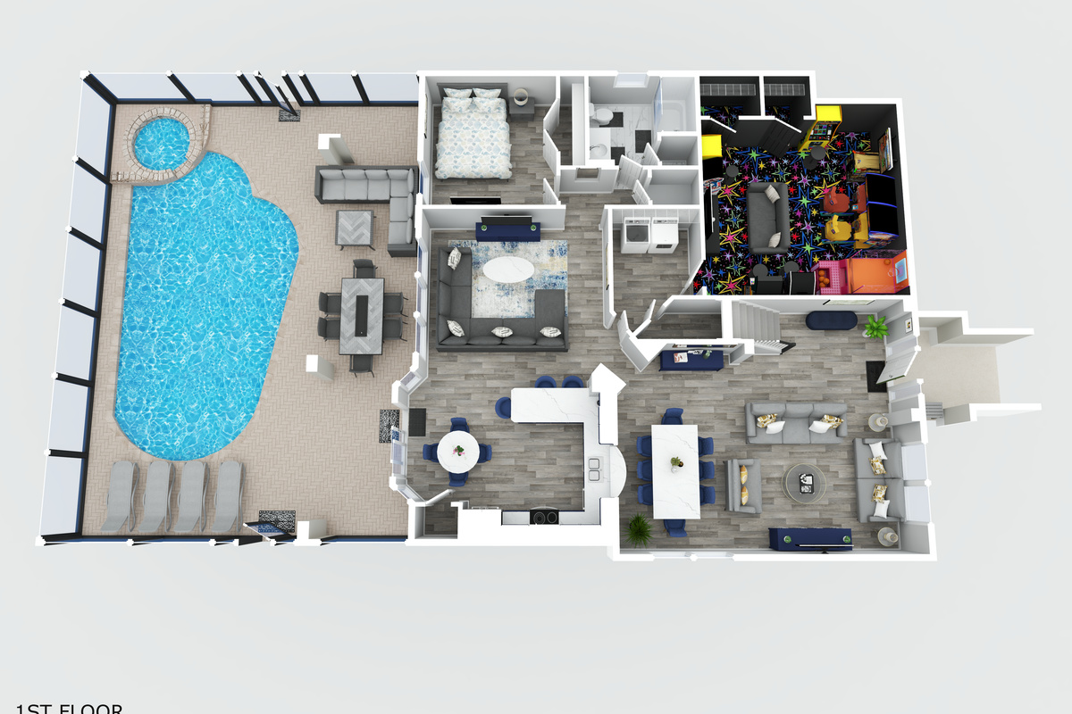 First floor plan (3D): downstairs king bedroom, living, family, kitchen, dining, arcade game room, private pool and spa