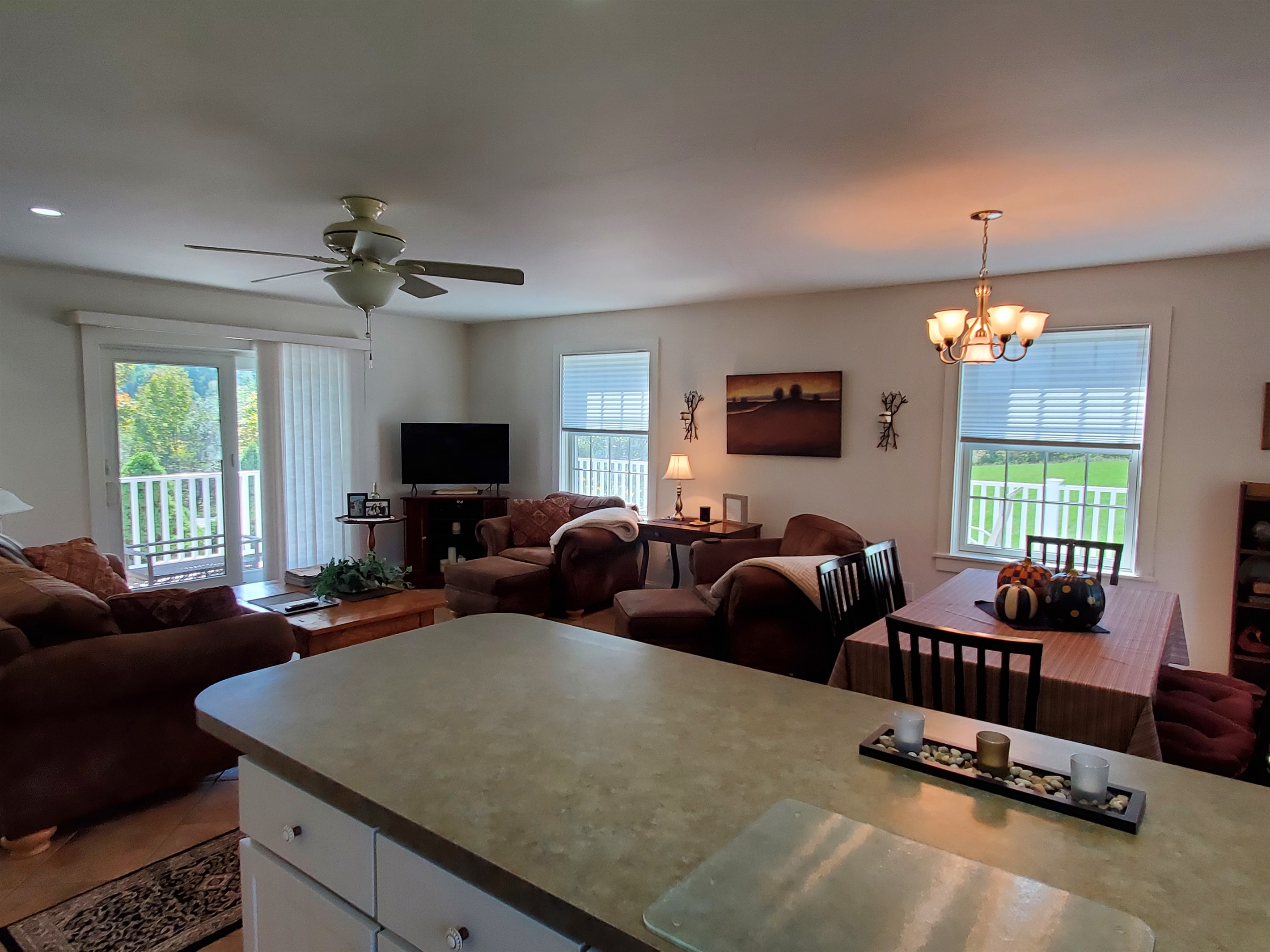 Open living, dining and kitchen area.