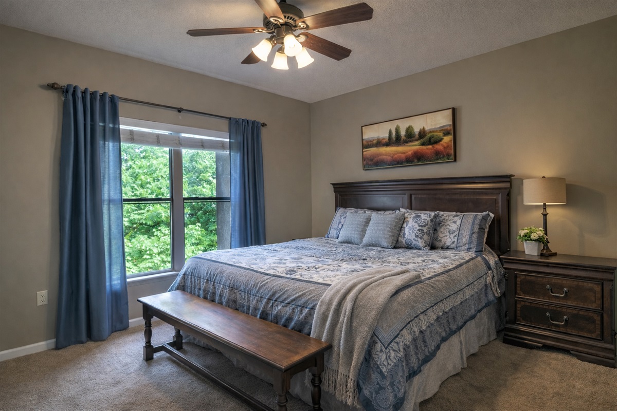 Comfortable guest bedroom with plush bedding — perfect for families or couples traveling together.