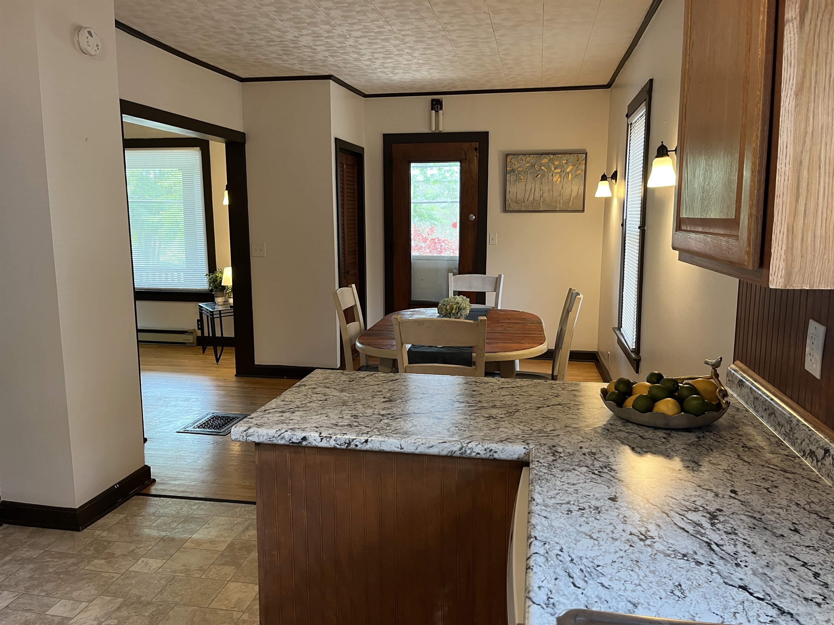 Kitchen into dining area and living room beyond