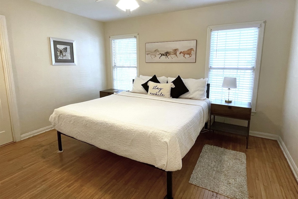 Enjoy king sleeping on this gel infused memory foam mattress.  Bedside lighting, storage, and charging stations are provided.  The in-room closet provides both clothes hanging space and draw storage for short or longer term stays.