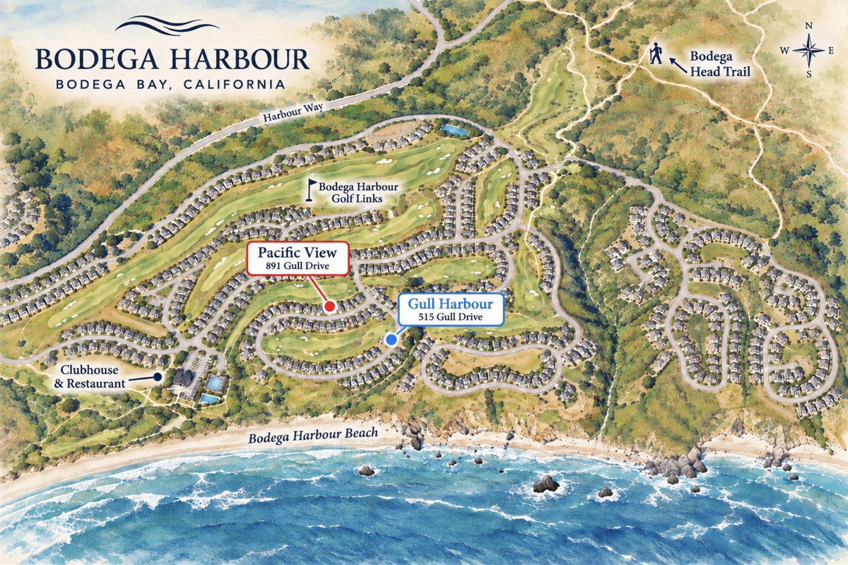 Location of homes in the Bodega Harbour area. Close walk to beach and clubhouse!