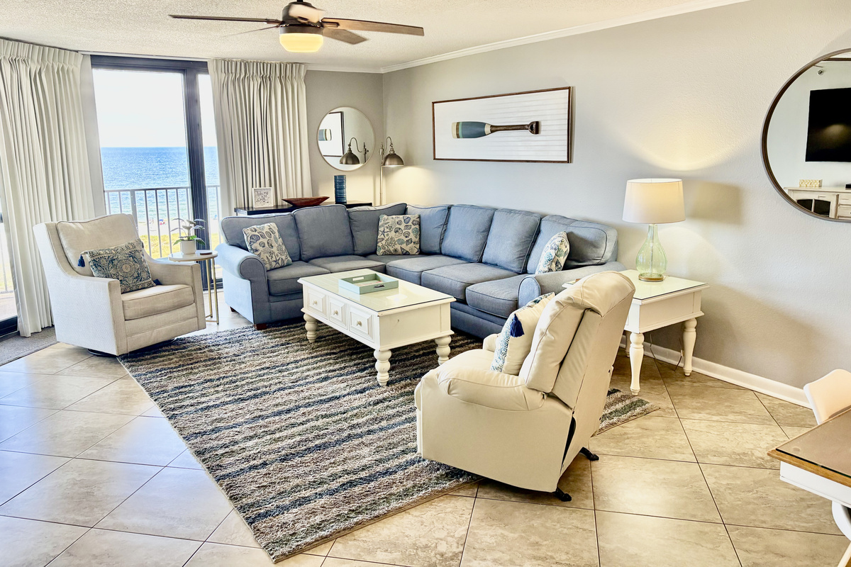 Plenty of seating!  We have a queen sleeper sectional, a swivel chair and a leather recliner!